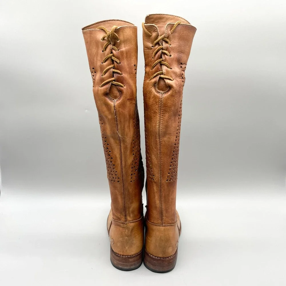Bed Stu Cambridge Boots Womens 6.5 Tan Distressed Leather Perforated Tall Boho